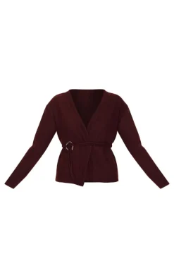 Chocolate Soft Rib Tie Trim Detail Cardigan