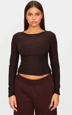 Chocolate Soft Touch Boatneck Long Sleeve Top