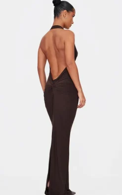 Chocolate Soft Touch Cowl Neck Twist Back Detail Maxi Dress