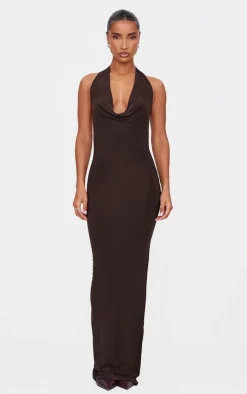 Chocolate Soft Touch Cowl Neck Twist Back Detail Maxi Dress