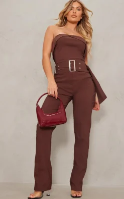 Chocolate Stretch Woven Fold Over Bandeau Belted Jumpsuit