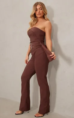 Chocolate Stretch Woven Fold Over Bandeau Belted Jumpsuit