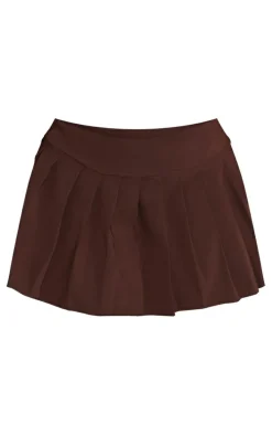 Chocolate Stretch Woven Low Rise Pleated Micro Mini Skirt