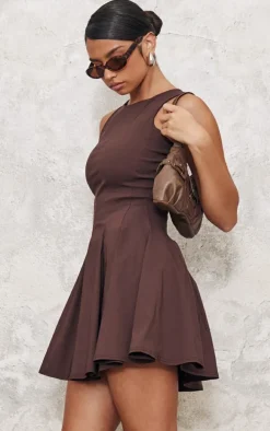 Chocolate Stretch Woven Racer Pleated Shift Dress