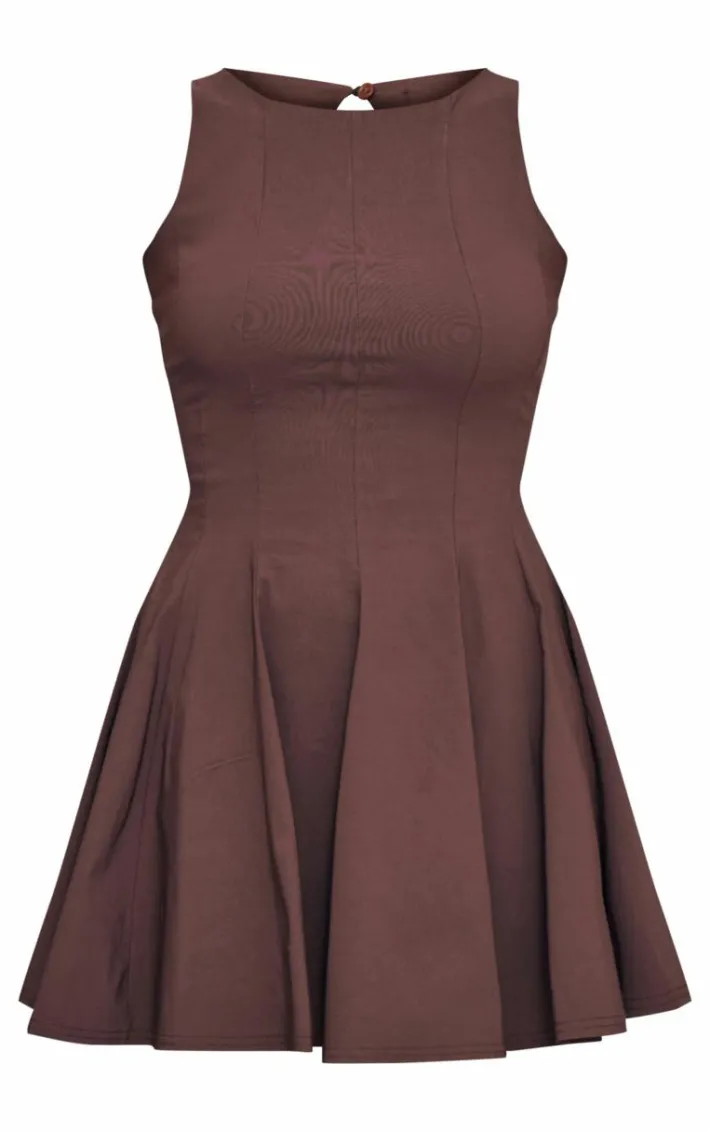 Chocolate Stretch Woven Racer Pleated Shift Dress