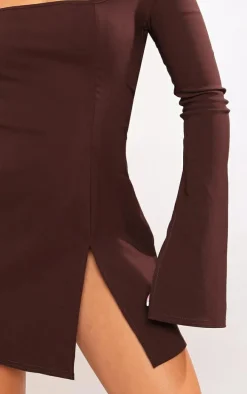 Chocolate Stretch Woven Square Neck Pleated Shift Dress