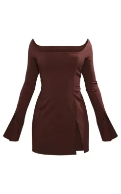 Chocolate Stretch Woven Square Neck Pleated Shift Dress