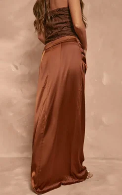 Chocolate Structured Satin Ruched Waist Maxi Skirt