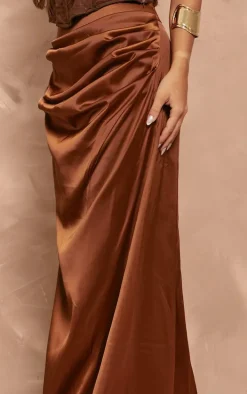 Chocolate Structured Satin Ruched Waist Maxi Skirt
