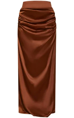 Chocolate Structured Satin Ruched Waist Maxi Skirt