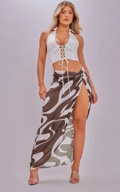 Chocolate Swirl Print Satin Knot Side Midaxi Skirt