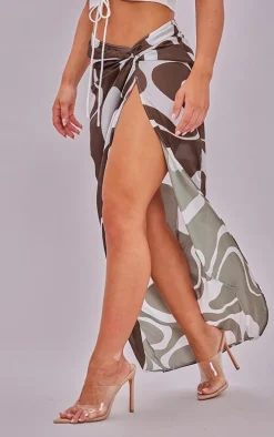 Chocolate Swirl Print Satin Knot Side Midaxi Skirt