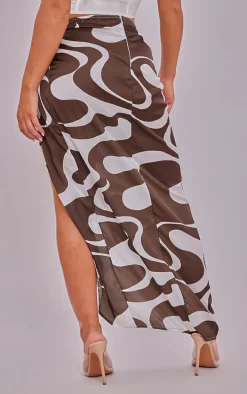 Chocolate Swirl Print Satin Knot Side Midaxi Skirt