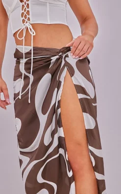 Chocolate Swirl Print Satin Knot Side Midaxi Skirt