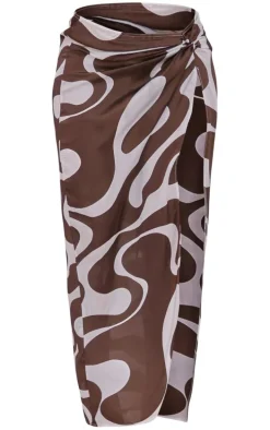 Chocolate Swirl Print Satin Knot Side Midaxi Skirt