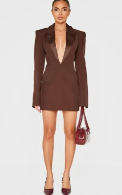 Chocolate Tailored Satin Lapel Blazer Dress