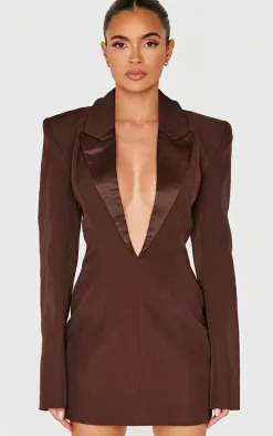 Chocolate Tailored Satin Lapel Blazer Dress