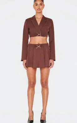 Chocolate Tailored Woven Buckle Detail Pleated Micro Mini Skirt
