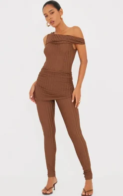 Chocolate Textured Asymmetric Corset Detail Jumpsuit