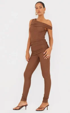Chocolate Textured Asymmetric Corset Detail Jumpsuit