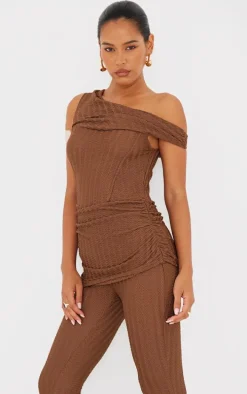 Chocolate Textured Asymmetric Corset Detail Jumpsuit