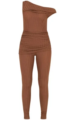 Chocolate Textured Asymmetric Corset Detail Jumpsuit