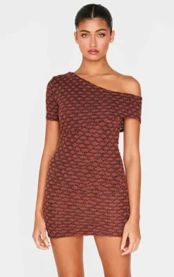 Chocolate Textured Asymmetric One Shoulder Bodycon Dress