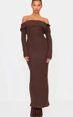 Chocolate Textured Bardot Belt Detail Maxi Dress