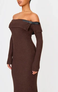 Chocolate Textured Bardot Belt Detail Maxi Dress