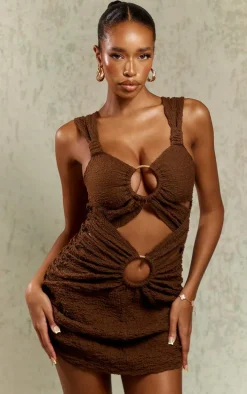 Chocolate Textured Crinkle Ring Detail Cut Out Bodycon Dress