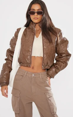 Chocolate Textured Faux Leather Puffer Jacket