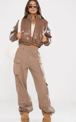 Chocolate Textured Faux Leather Puffer Jacket