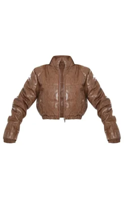 Chocolate Textured Faux Leather Puffer Jacket