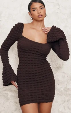 Chocolate Textured Flare Sleeve Bodycon Dress