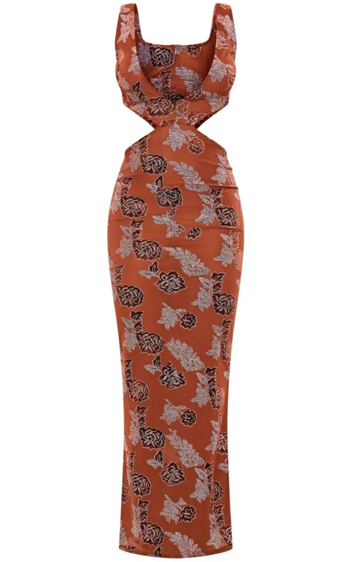 Chocolate Textured Glitter Velvet Devore Cut Out Plunge Maxi Dress