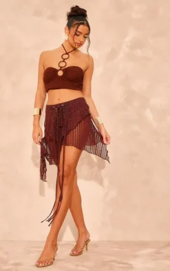 Chocolate Textured Handkerchief Hem Midi Skirt