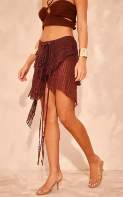 Chocolate Textured Handkerchief Hem Midi Skirt