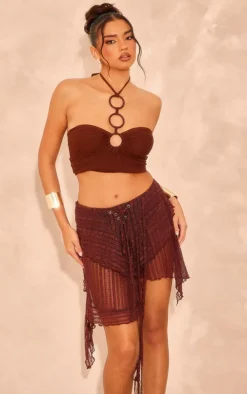 Chocolate Textured Handkerchief Hem Midi Skirt