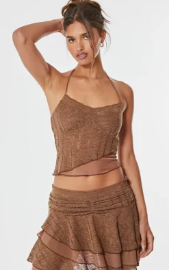 Chocolate Textured Lace Halterneck Long Top