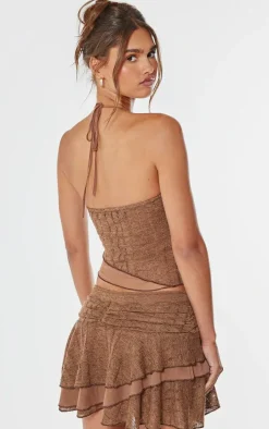 Chocolate Textured Lace Halterneck Long Top