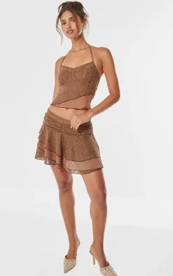 Chocolate Textured Lace Halterneck Long Top