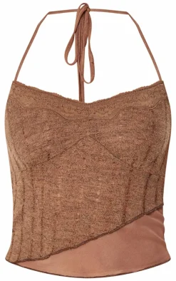 Chocolate Textured Lace Halterneck Long Top