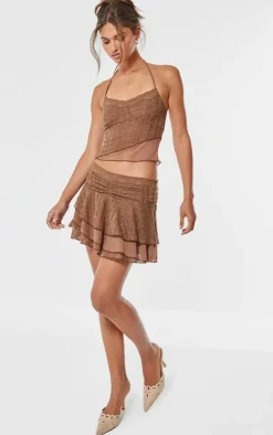 Chocolate Textured Lace Ruched Detailing Mini Skirt