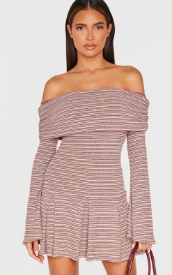 Chocolate Textured Monochrome Bardot Flared Sleeve Shift Dress