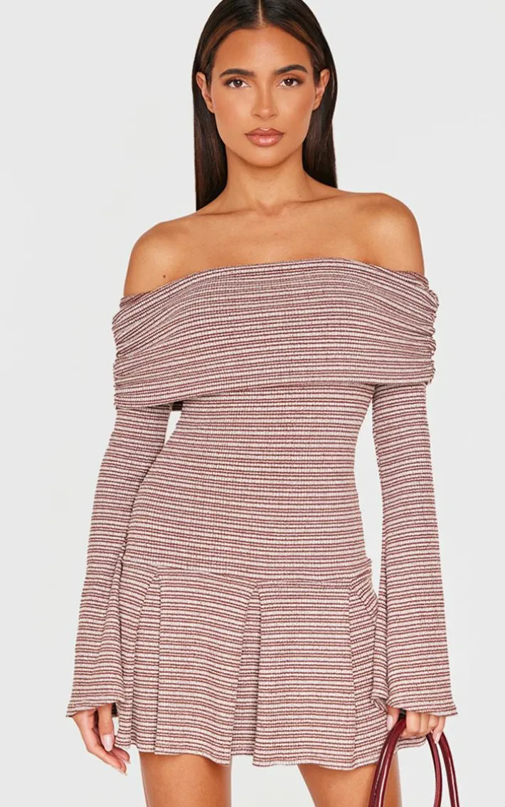 Chocolate Textured Monochrome Bardot Flared Sleeve Shift Dress