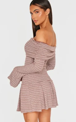 Chocolate Textured Monochrome Bardot Flared Sleeve Shift Dress