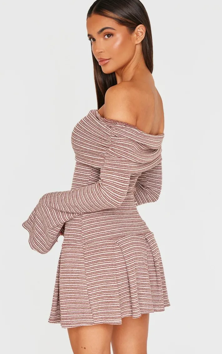 Chocolate Textured Monochrome Bardot Flared Sleeve Shift Dress