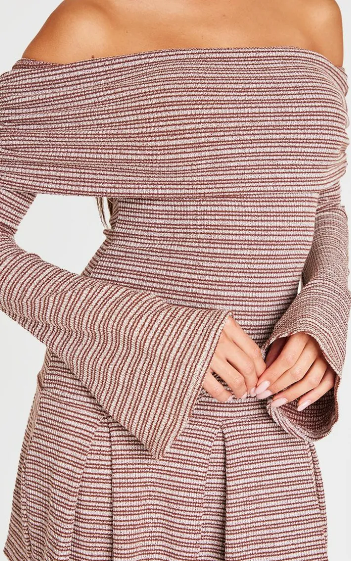 Chocolate Textured Monochrome Bardot Flared Sleeve Shift Dress