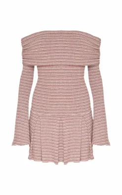 Chocolate Textured Monochrome Bardot Flared Sleeve Shift Dress