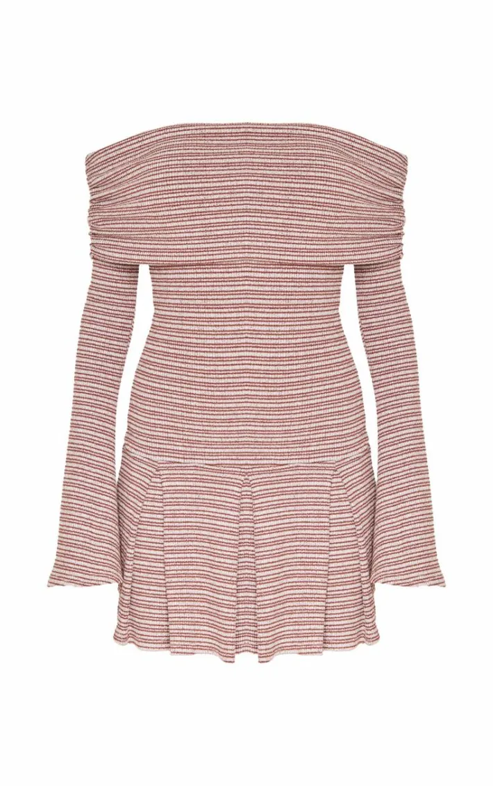 Chocolate Textured Monochrome Bardot Flared Sleeve Shift Dress